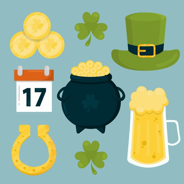 Set van Saint Patricks Day items platte vectorillustratie