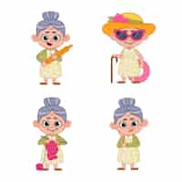 Gratis vector set van schattige cartoon oudere dame met deegroller, breien, zonnebril dragen, naar het strand gaan