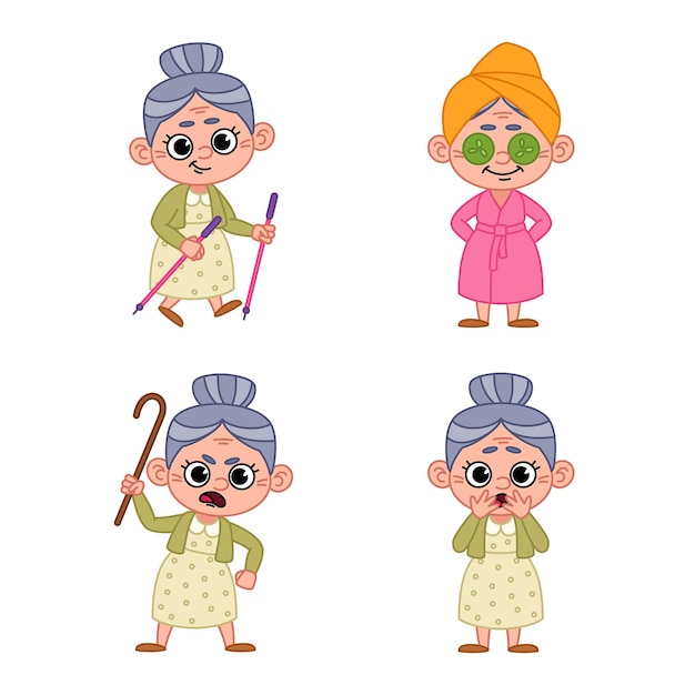 Gratis vector set van schattige cartoon senior dame die ruzie maakt, nordic walking doet, komkommermasker maakt