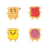 Gratis vector set van schattige cartoon toast karakter met jam, plakje worst en kaas