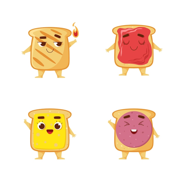 Gratis Vector set van schattige cartoon toast karakter met jam, plakje worst en kaas