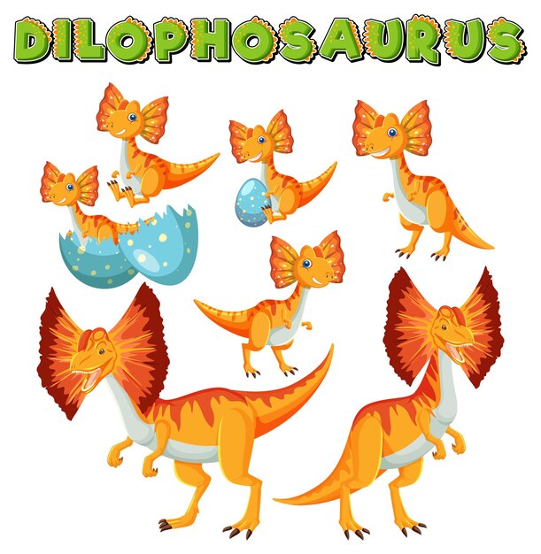 Set van schattige dilophosaurus dinosaurus stripfiguren