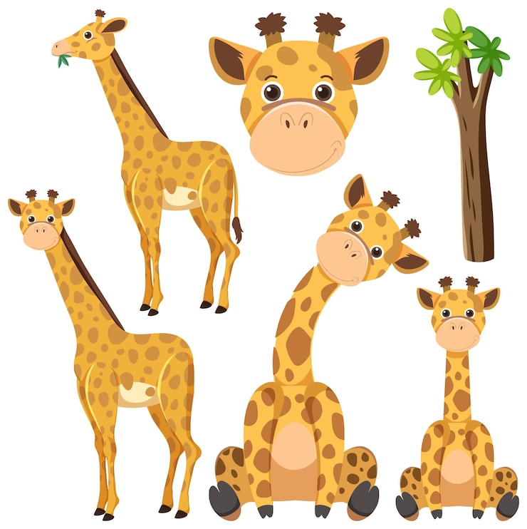 Gratis Vector set van schattige giraffe stripfiguur