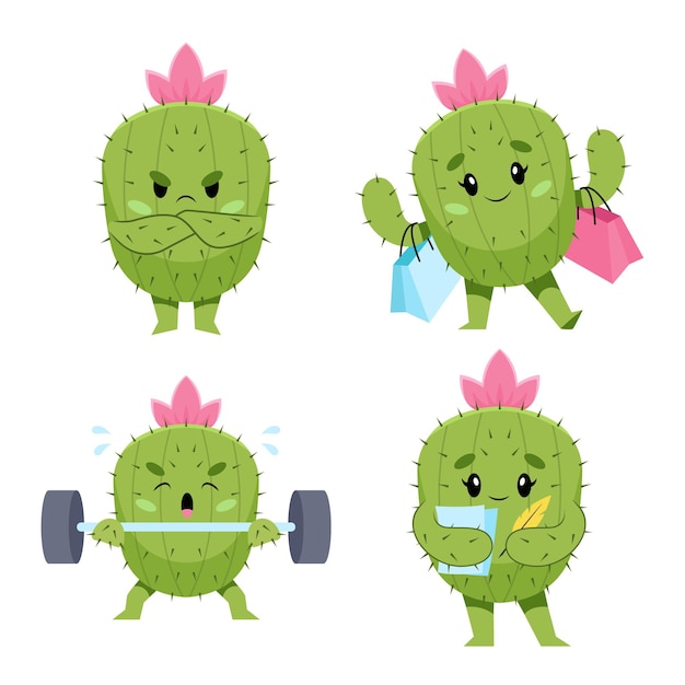 Gratis vector set van schattige handgetekende cactussen die boos worden terwijl ze barbell schrijven opheffen