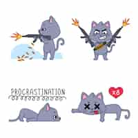 Gratis vector set van schattige handgetekende katten schieten met vuurwapen liegen met uitstel gevoel liefde