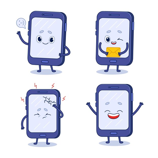Set van schattige handgetekende mobiele telefoons die emodji sturen met een brief die het scherm lacht
