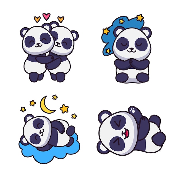 Gratis vector set van schattige handgetekende panda's knuffelen slapen liggend op wolk spelen