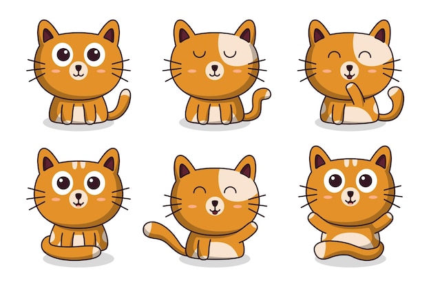 Gratis vector set van schattige kat met verschillende pose en emotie in cartoon vector