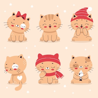 Set van schattige kleine katten in cartoon vlakke stijl. huis huisdier, kitten. vectorillustratie voor kinderdagverblijf, print op textiel, kaarten, kleding.
