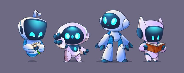 Set van schattige robotkarakters geïsoleerd op achtergrond Vector cartoon illustratie van grappige slimme bot mascottes met led ogen en glimlach op het scherm gezicht met bloem weergegeven: overwinningsteken leesboek