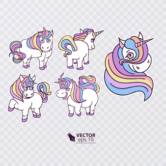 Set van schattige zoete pony eenhoorn en regenboog girly platte cartoon handtekeningen fairy karakter paard
