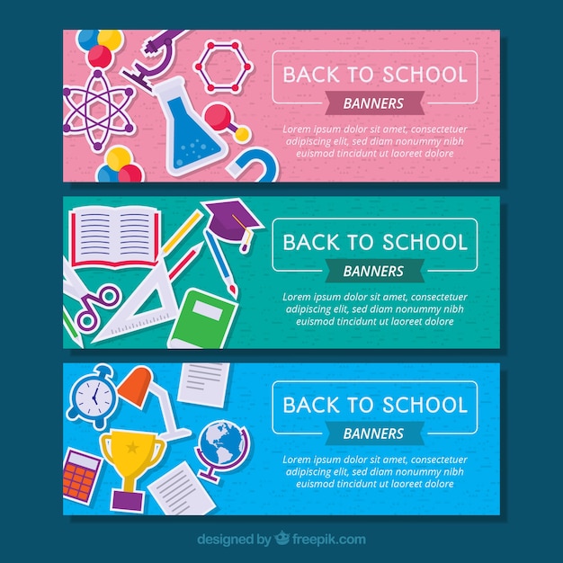 Gratis vector set van school banners met elementen in plat ontwerp