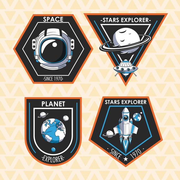 Set van Space explorer patches emblemen ontwerp