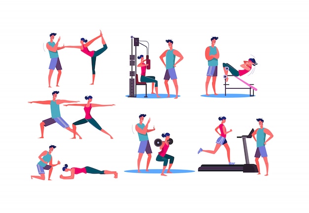 Gratis vector set van sportieve vrouw training op sportschool