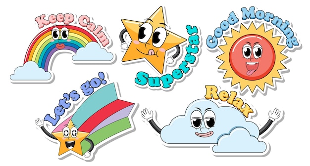 Gratis vector set van sticker logo pictogram komische stijl