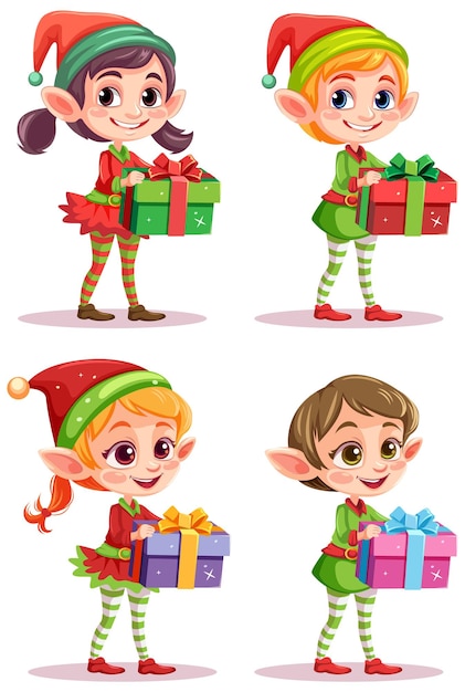 Gratis vector set van stripfiguur met kerstcadeau