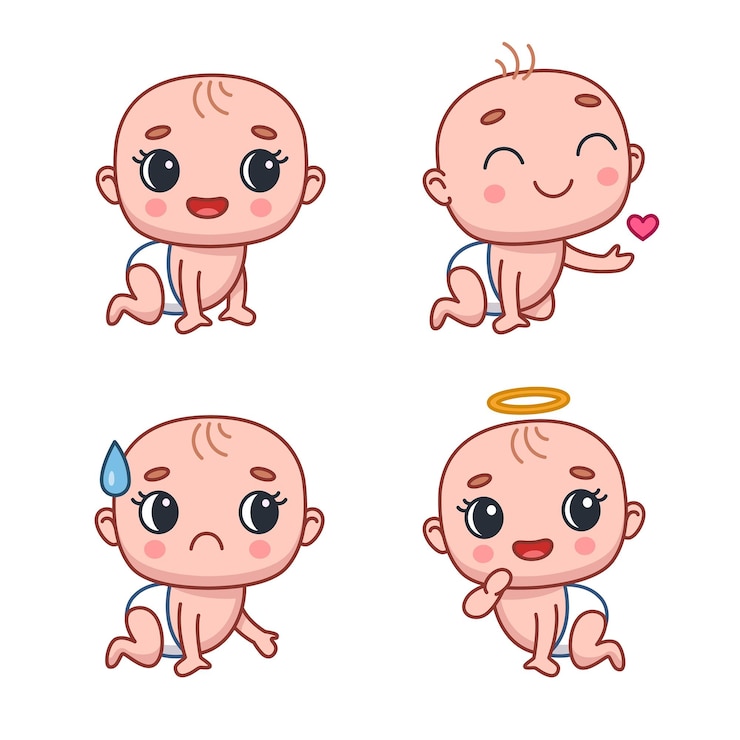 Gratis Vector set van stripfiguur pasgeboren baby zittend met nimbus boven het hoofd, glimlachend, liefde sturend
