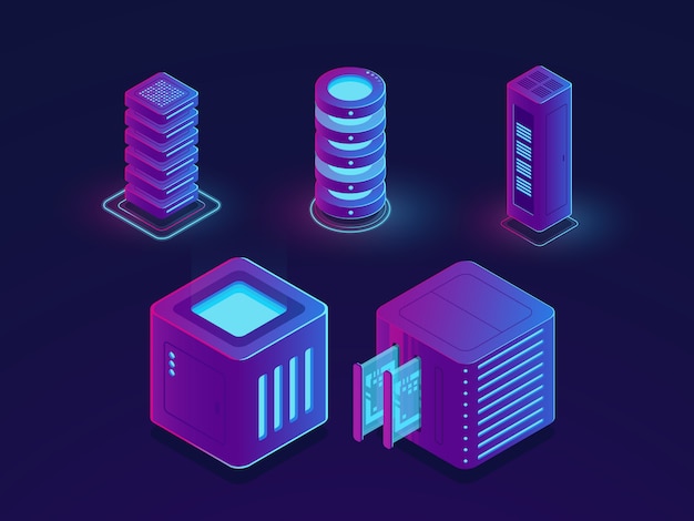 Set van technologie-elementen, serverruimte, opslag van cloudgegevens, toekomstige vooruitgang van de gegevenswetenschap