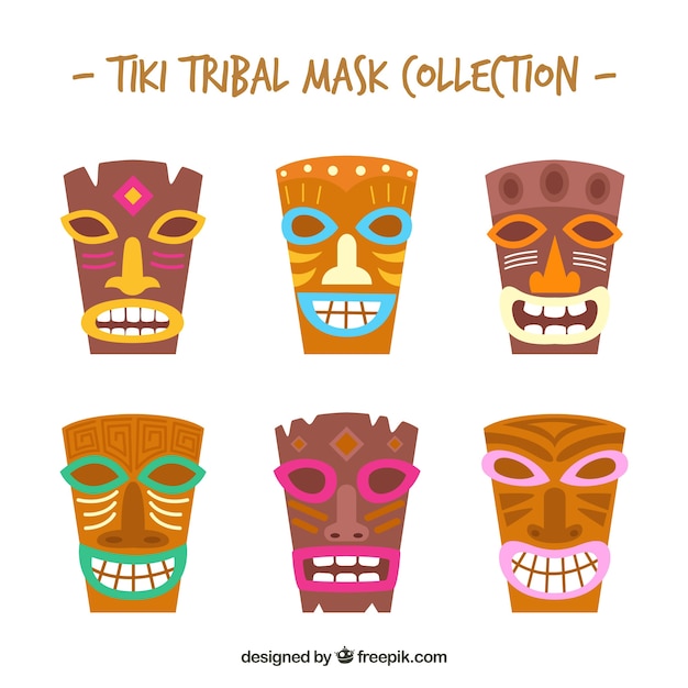 Gratis vector set van tiki maskers in vlakke vormgeving