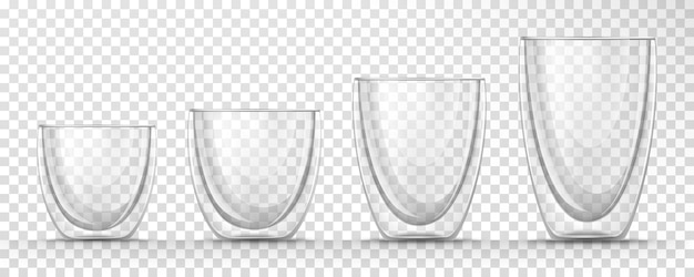 Gratis vector set van transparante glazen lege bekers verschillende maten met dubbele wanden