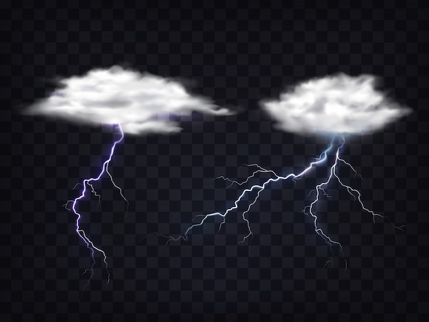 Gratis vector set van transparante witte wolken met bliksem lading.