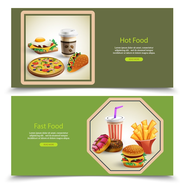 Set van twee horizontale banners met fastfood en drankjes