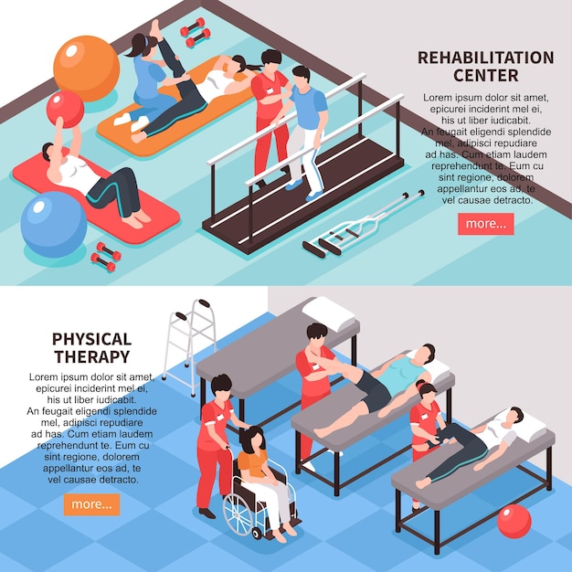 Set van twee isometrische revalidatie fysiotherapie horizontale banners met afbeeldingen bewerkbare tekst en lees meer knop