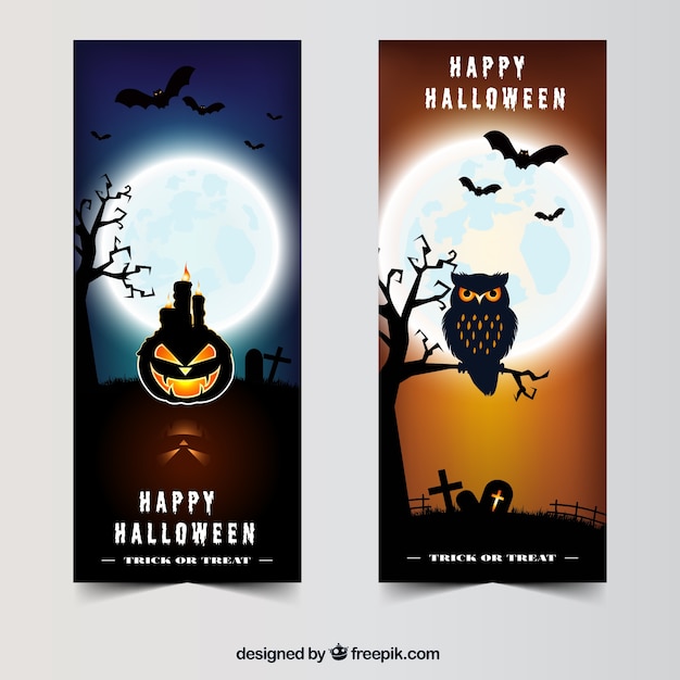 Set van twee realistische banners met volle maan en Halloween elementen