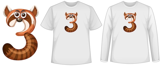 Gratis vector set van twee soorten shirt met wasbeer in nummer drie vormscherm op t-shirts