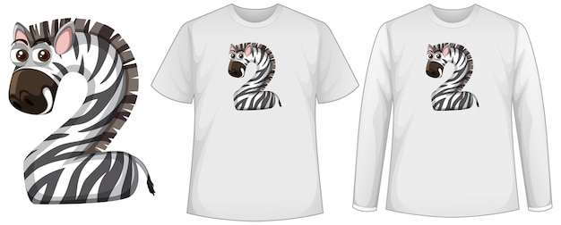Gratis vector set van twee soorten shirt met zebra in nummer twee vormscherm op t-shirts