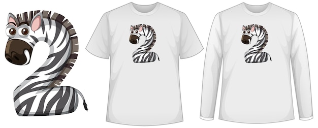 Set van twee soorten shirt met zebra in nummer twee vormscherm op t-shirts