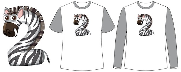 Set van twee soorten shirt met zebra in nummer twee vormscherm op t-shirts