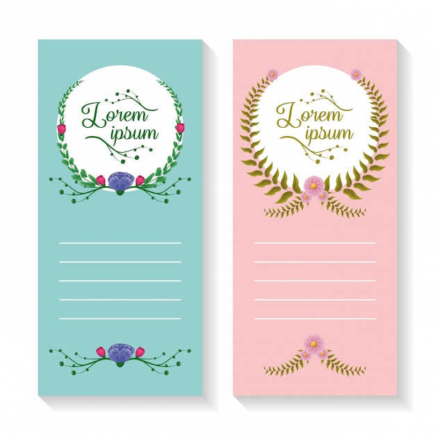 Set van twee verticale banners met lauwerkrans en gebladerteornamenten, roze en blauw