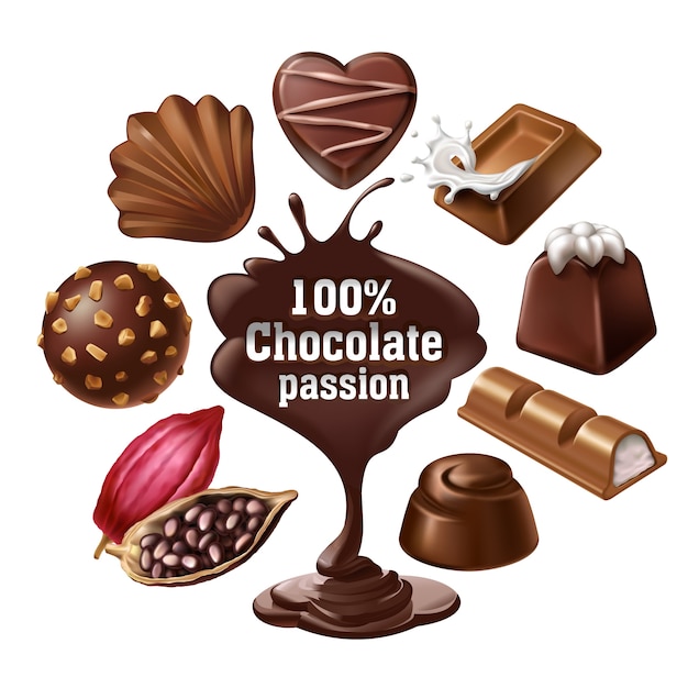 Gratis vector set van vector iconen van chocolade desserts en snoepjes, vloeibare chocolade en cacaobonen