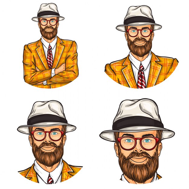 Set van vectorillustratie, mannen pop art ronde avatars iconen