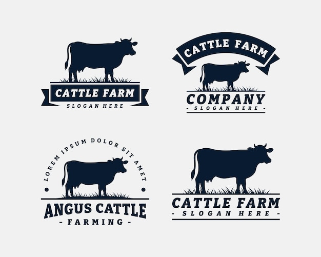 Set van vee boerderij logo sjabloonontwerp. vintage zwarte angus badge vector.