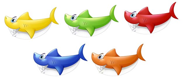 Set van veel lachende schattige haai stripfiguur geïsoleerd op een witte achtergrond