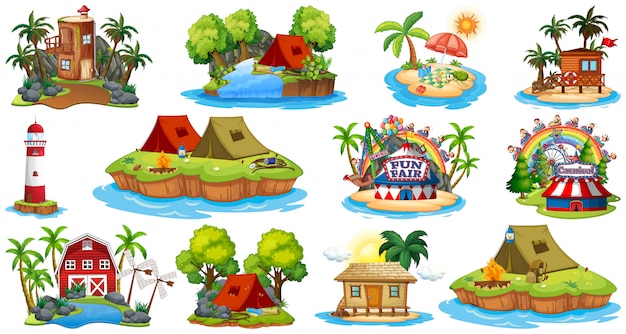 Gratis vector set van verschillende bangalows en eiland strand thema en pretpark geïsoleerd op een witte achtergrond