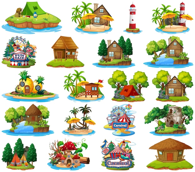 Gratis vector set van verschillende bangalows en eiland strand thema en pretpark geïsoleerd