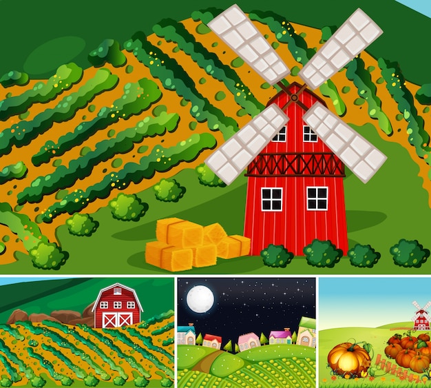 Gratis vector set van verschillende boerderij scènes cartoon stijl