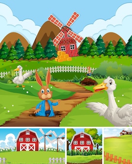 Set van verschillende boerderij scènes met dierenboerderij cartoon stijl