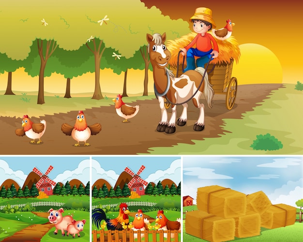 Set van verschillende boerderij scènes met dierenboerderij cartoon stijl