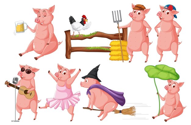 Gratis vector set van verschillende boerderijvarkens in cartoonstijl