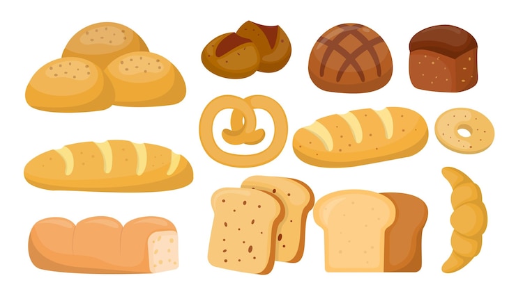 Gratis Vector set van verschillende broodjes en bakkerijen in cartoon-stijl vector