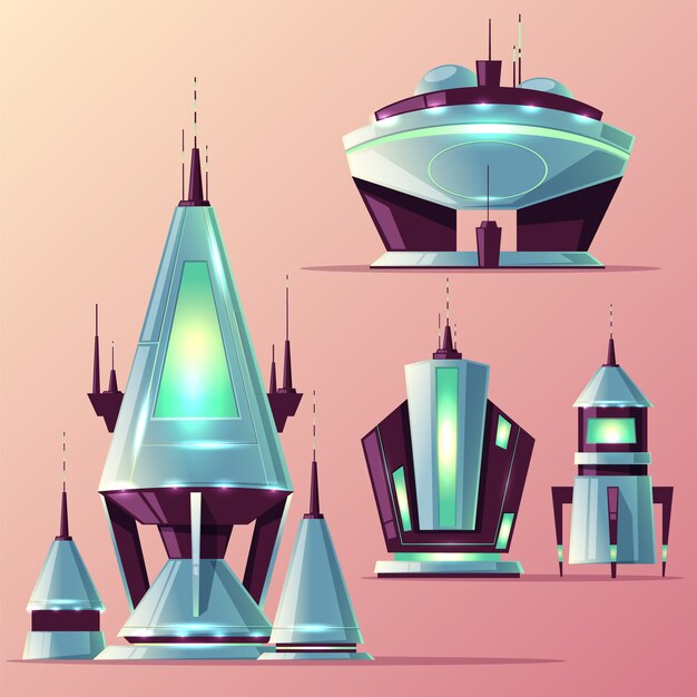 Set van verschillende buitenaardse ruimteschepen of futuristische raketten met antennes, neonlichten cartoon