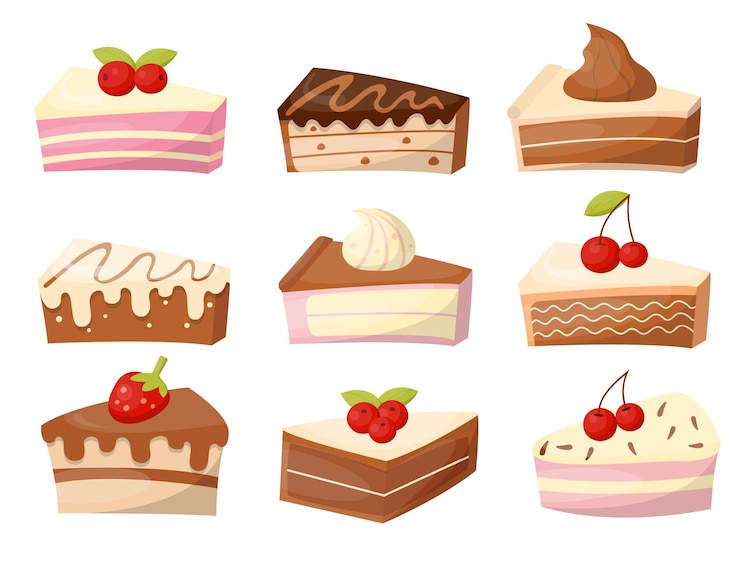 Gratis Vector set van verschillende cake en bakkerij in cartoon-stijl vector