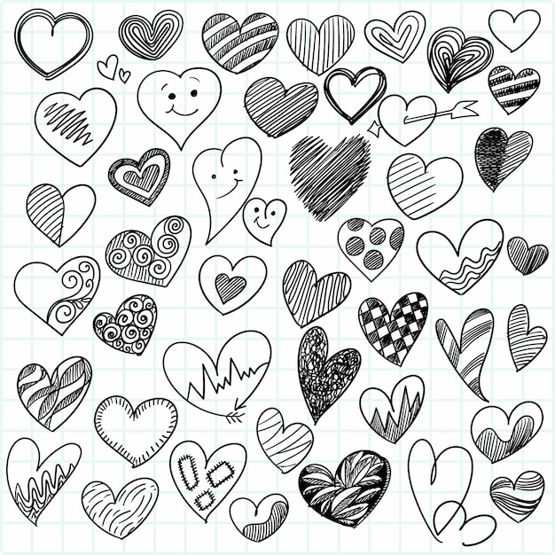 Set van verschillende doodle harten schetsontwerp