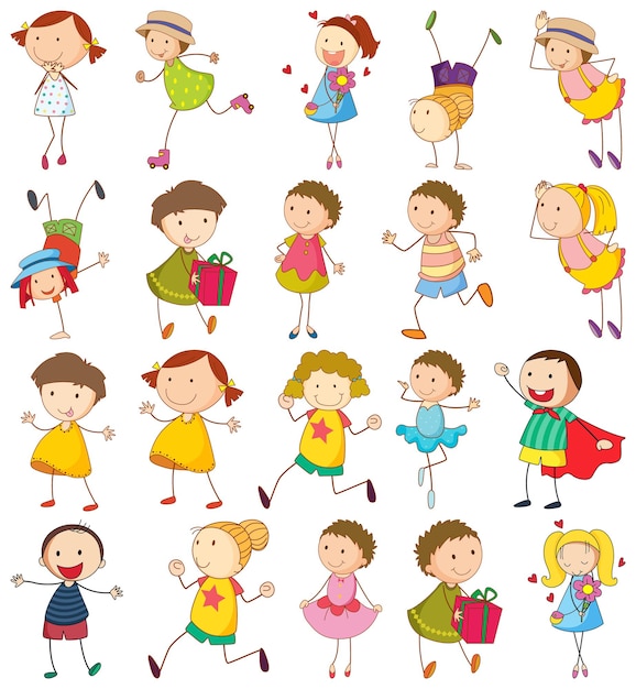 Gratis vector set van verschillende doodle kinderen stripfiguur geïsoleerd