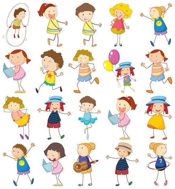 Gratis vector set van verschillende doodle kinderen stripfiguur