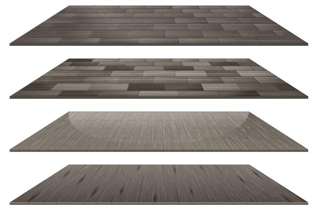 Set van verschillende grijze houten vloertegels geïsoleerd op een witte achtergrond